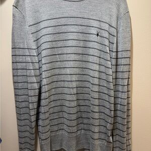 All Saints Gray Crewneck Sweater with Navy Stripe